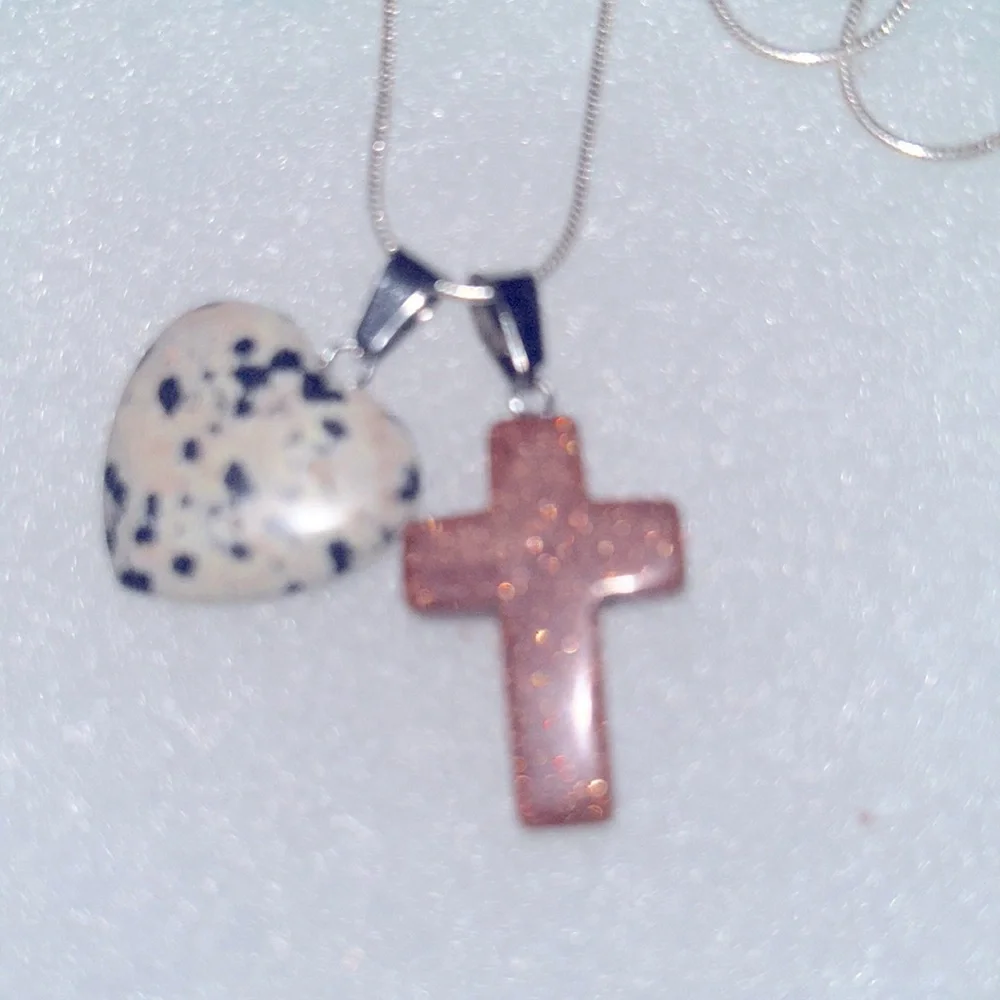 Boho Hippie Tigers Eye Cross Dalmatian Jasper Heart Sterling Silver Necklace 24”